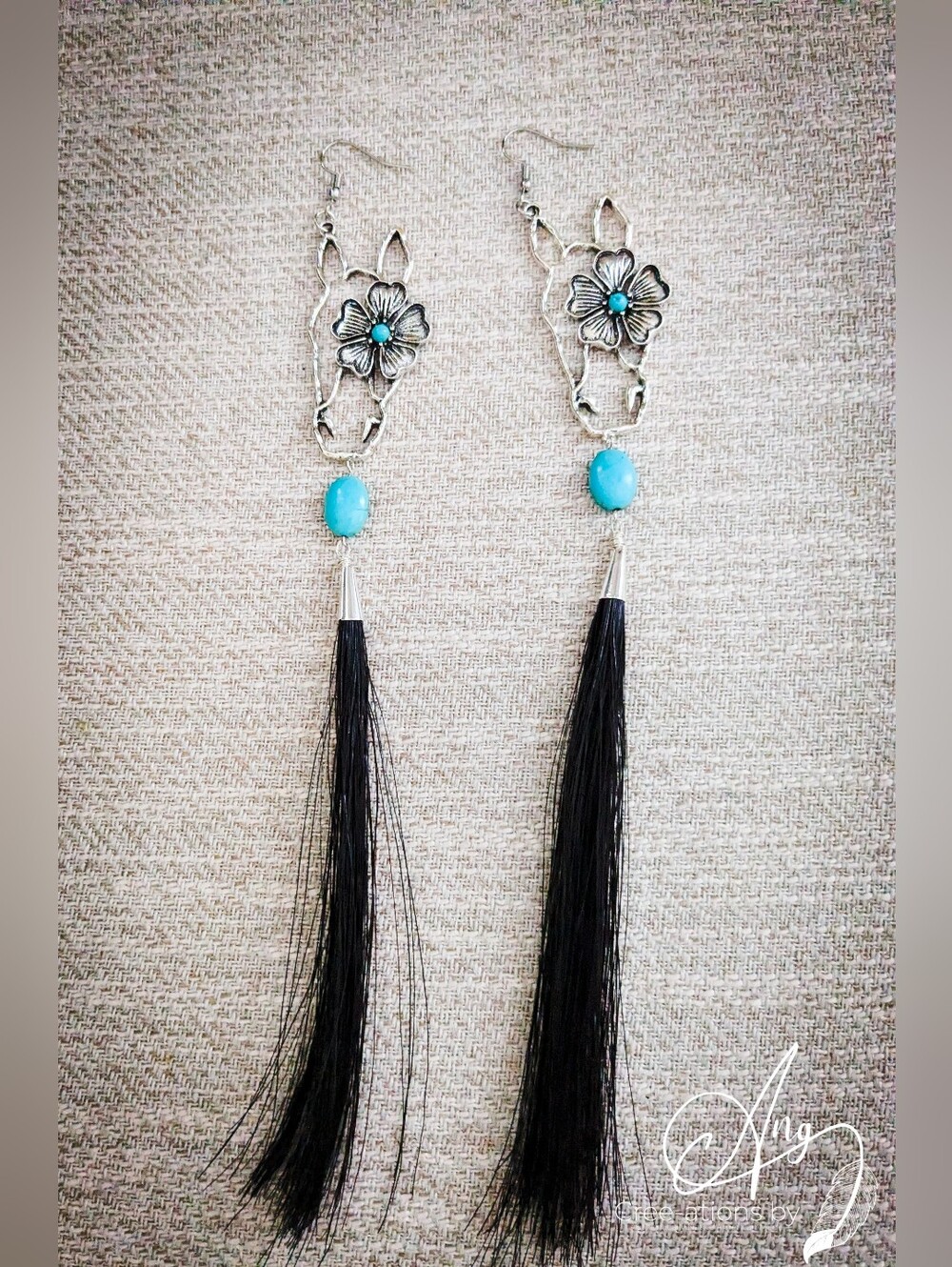 Indigenous Powwow Horse Flower & Turquoise Horse Hair Tassel Statement Earrings